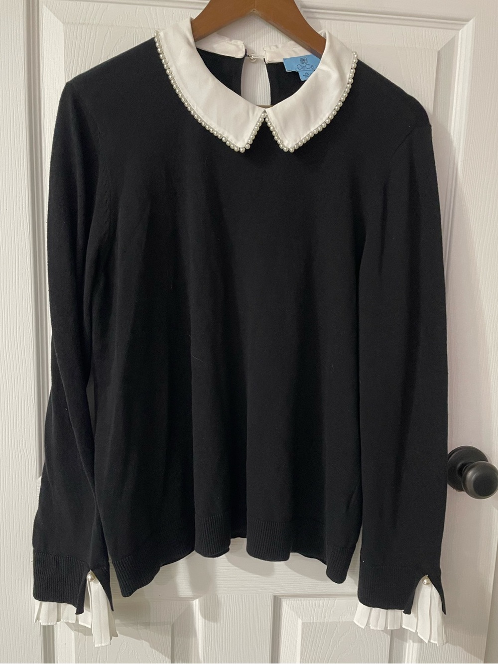 CeCe Black Pearl Peter Pan Collar Cotton Sweater Fluted Cuffs Size XL